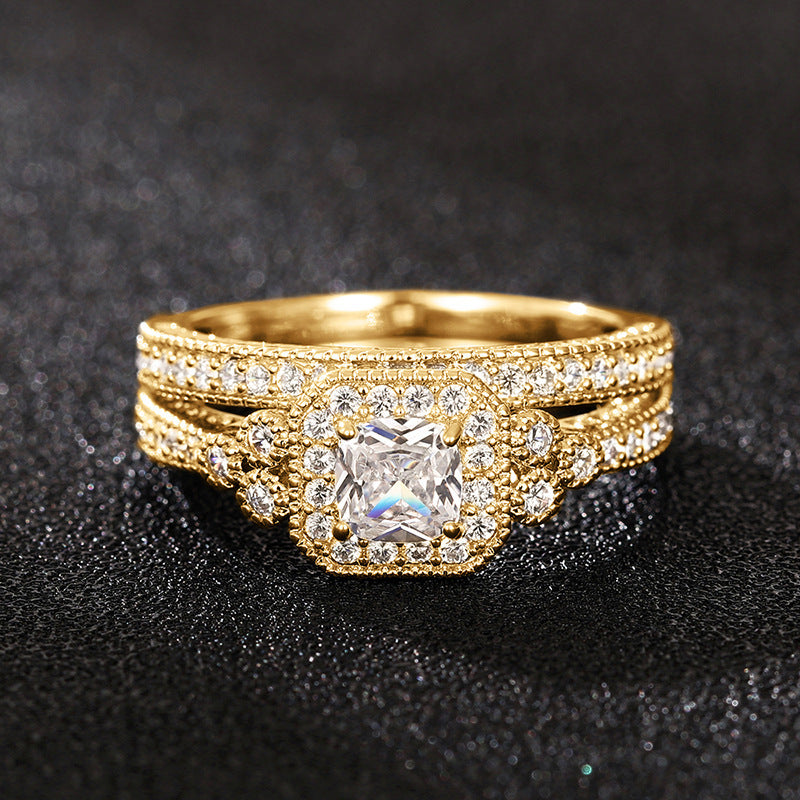 Vintage Milgrain Square‑Cut Diamond Two‑Piece Stackable Ring Set Multi‑Tone Women’s Bands