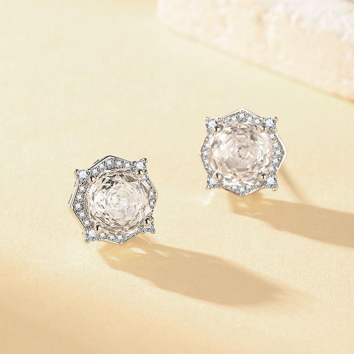 Millennium Rose Cut Diamond Stud Earrings Women Halo Hexagon Silver Sparkling Jewelry Gift