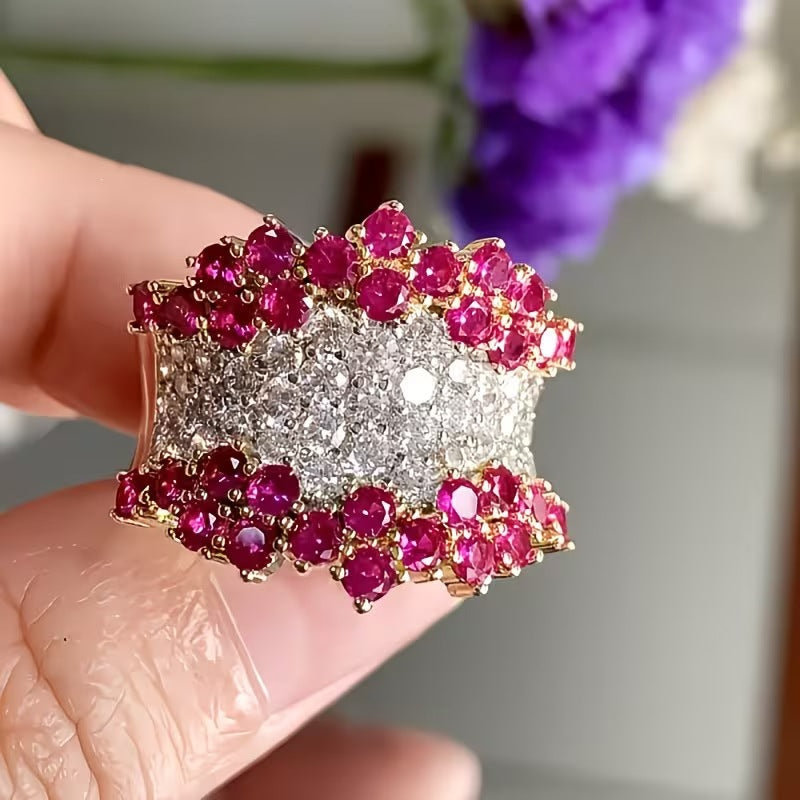 Pave Diamond Ring Women Colorful Gem Wide Band Gold Sparkling Luxury Jewelry Gift
