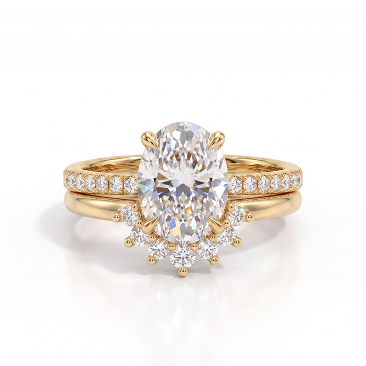 2 Piece Oval Diamond Bridal Ring Set Women Crown Curved Wedding Band Engagement Ring Set
