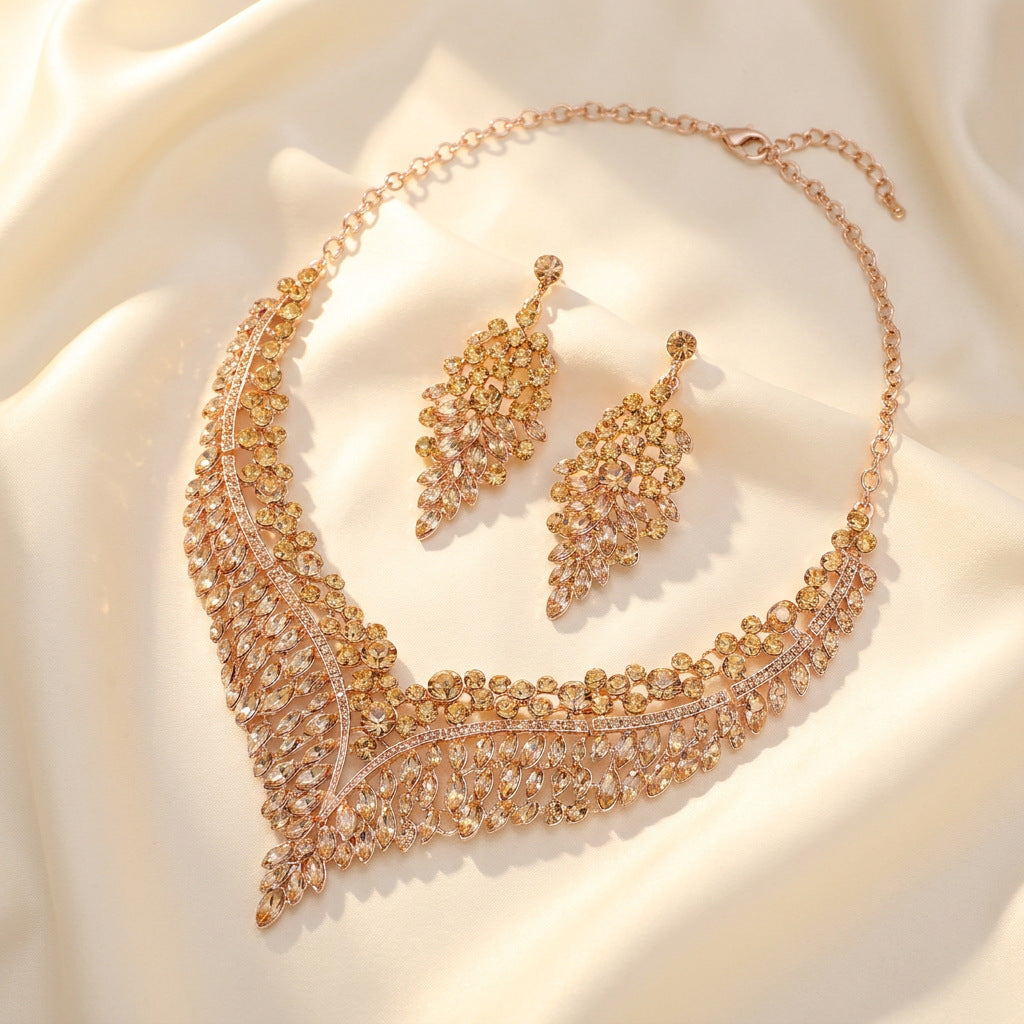 Leaf V Shape Diamond Necklace and Earrings Set Women Statement Wedding Bridal Jewelry Set