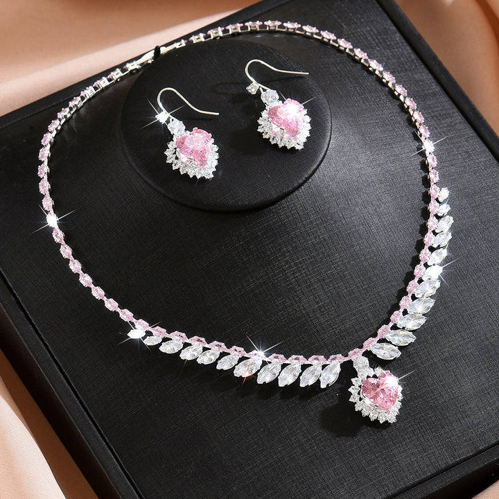 Pink Heart Diamond Jewelry Set Women Necklace Earrings Silver Choker Luxury Gift