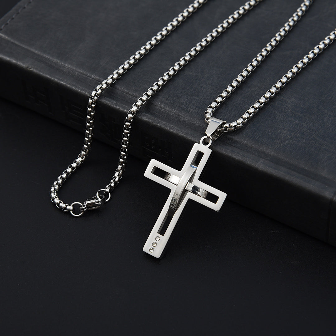 Cross Pendant Necklace Men Stainless Steel Black Silver Gold Box Chain Religious Jewelry Gift
