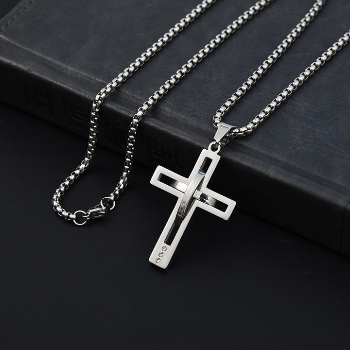 Cross Pendant Necklace Men Stainless Steel Black Silver Gold Box Chain Religious Jewelry Gift