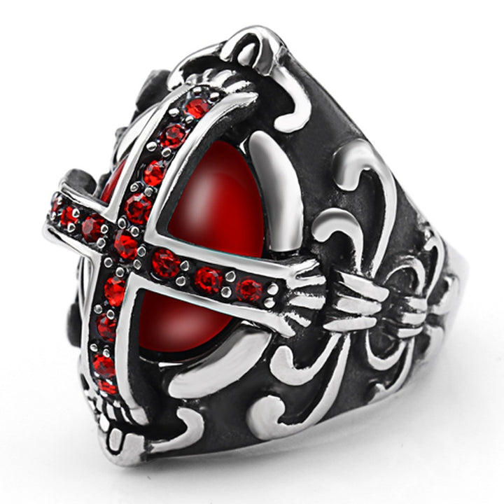 Vintage Cross Red Stone Jewelry Ring Gothic Statement Ring for Men Retro Engraved Finger Ring