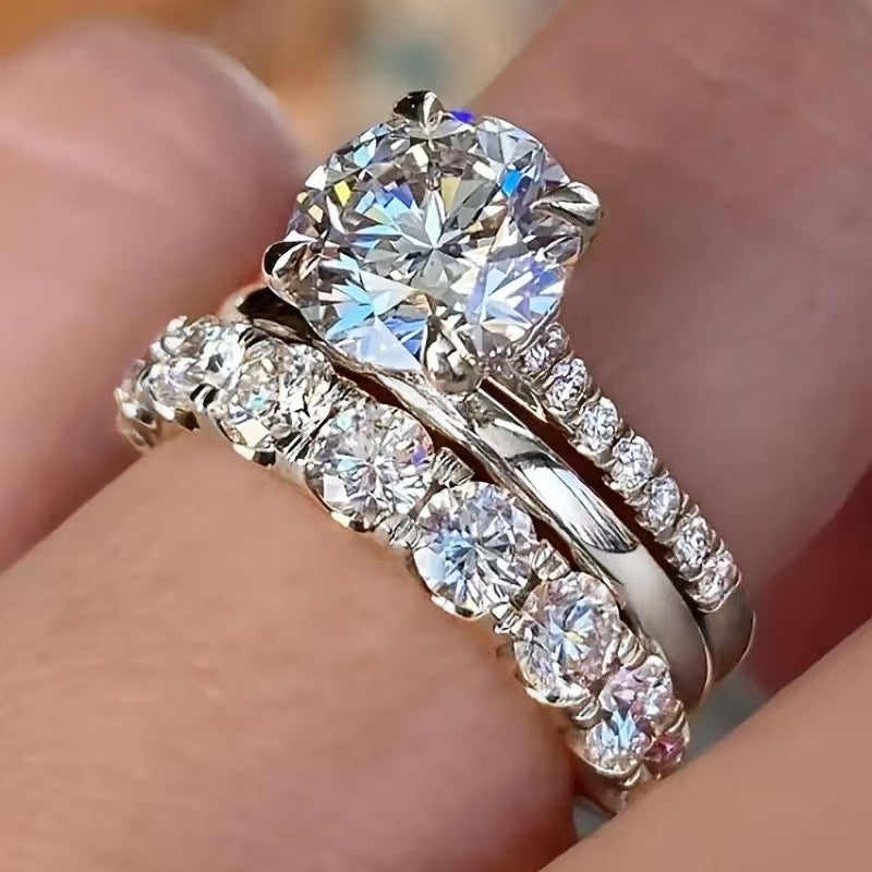 Three Piece Diamond Ring Set Women Solitaire Eternity Bands Gold Silver Luxury Bridal Jewelry