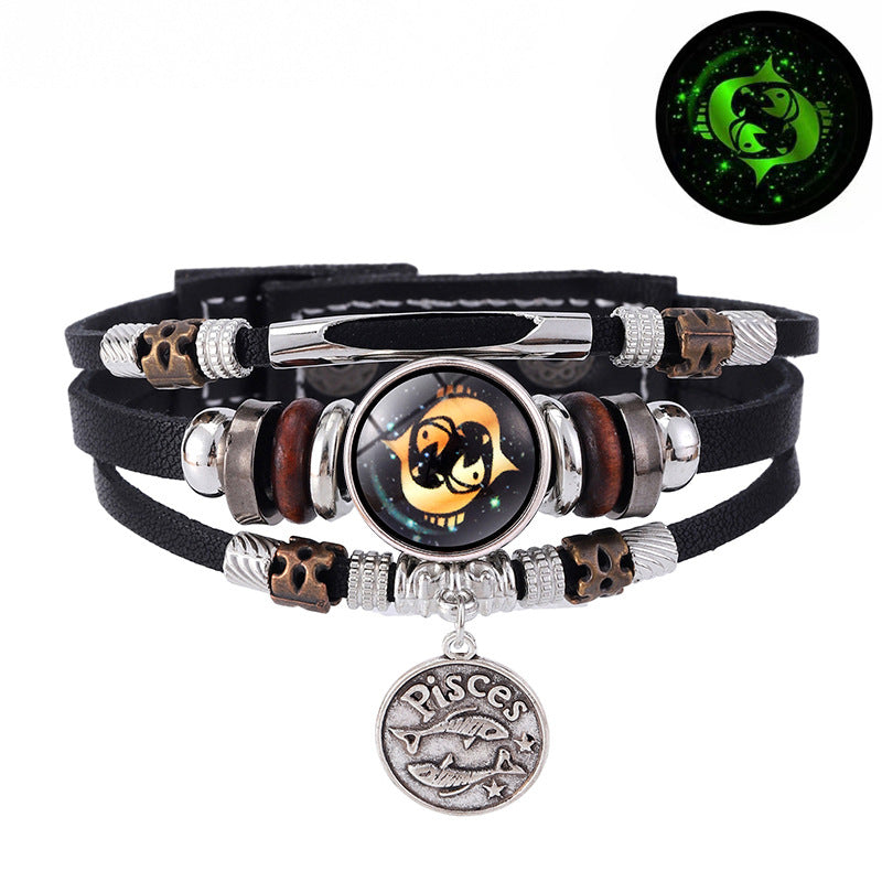 Zodiac Sign Leather Bracelet Men Women Glow in the Dark Multilayer Constellation Jewelry Gift