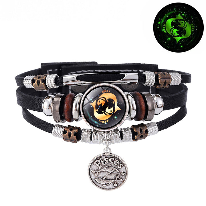 Zodiac Sign Leather Bracelet Men Women Glow in the Dark Multilayer Constellation Jewelry Gift