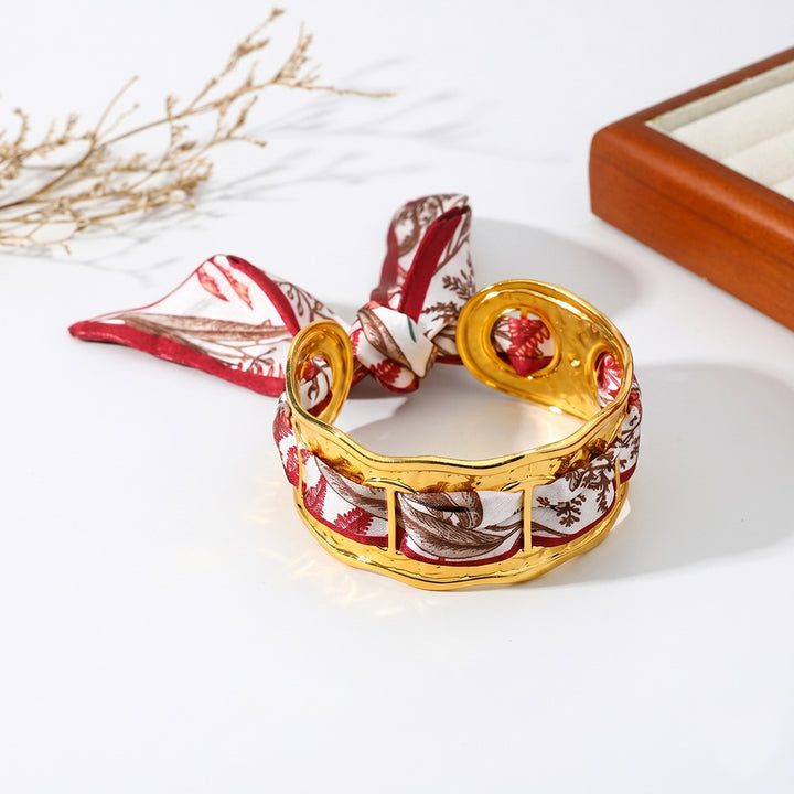 Wavy Open‑Cuff Bracelet Interchangeable Printed Silk Scarf Woven Women Wrist Ornament