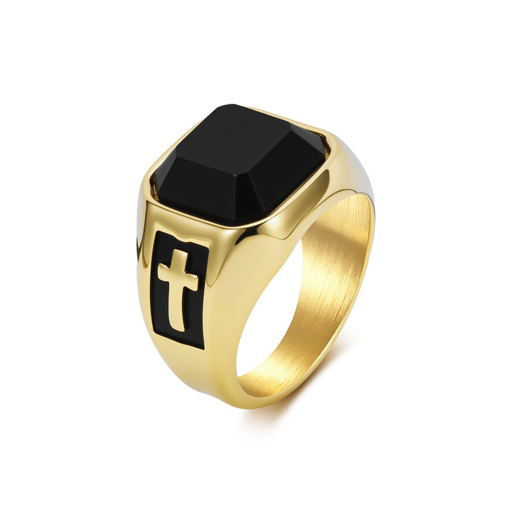 Cross Black Gemstone Men Wide Band Ring Retro Square‑Cut Signet Ring
