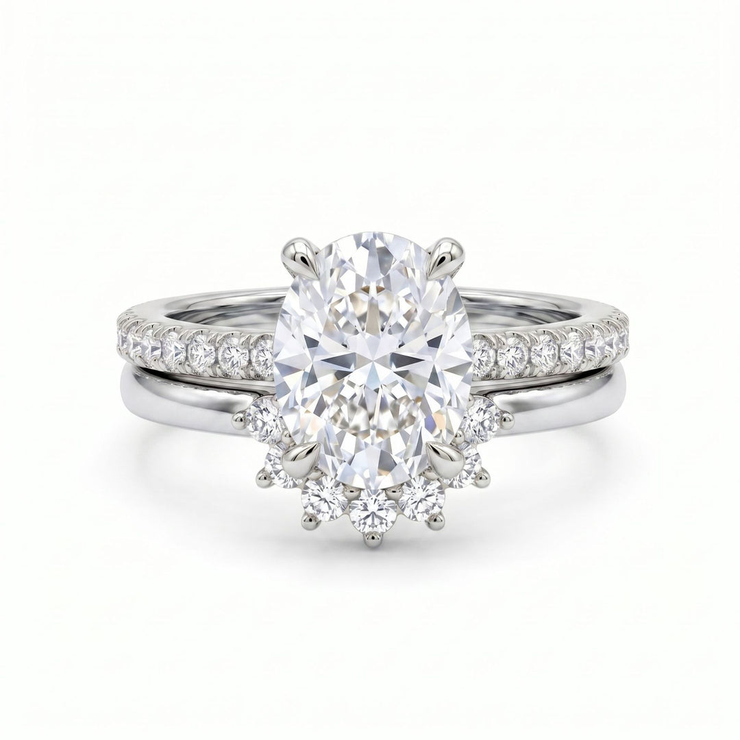 2 Piece Oval Diamond Bridal Ring Set Women Crown Curved Wedding Band Engagement Ring Set