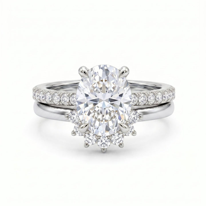 2 Piece Oval Diamond Bridal Ring Set Women Crown Curved Wedding Band Engagement Ring Set