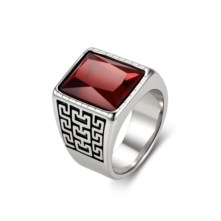 Vintage Geometric Pattern Square Gemstone Men Wide Band Ring