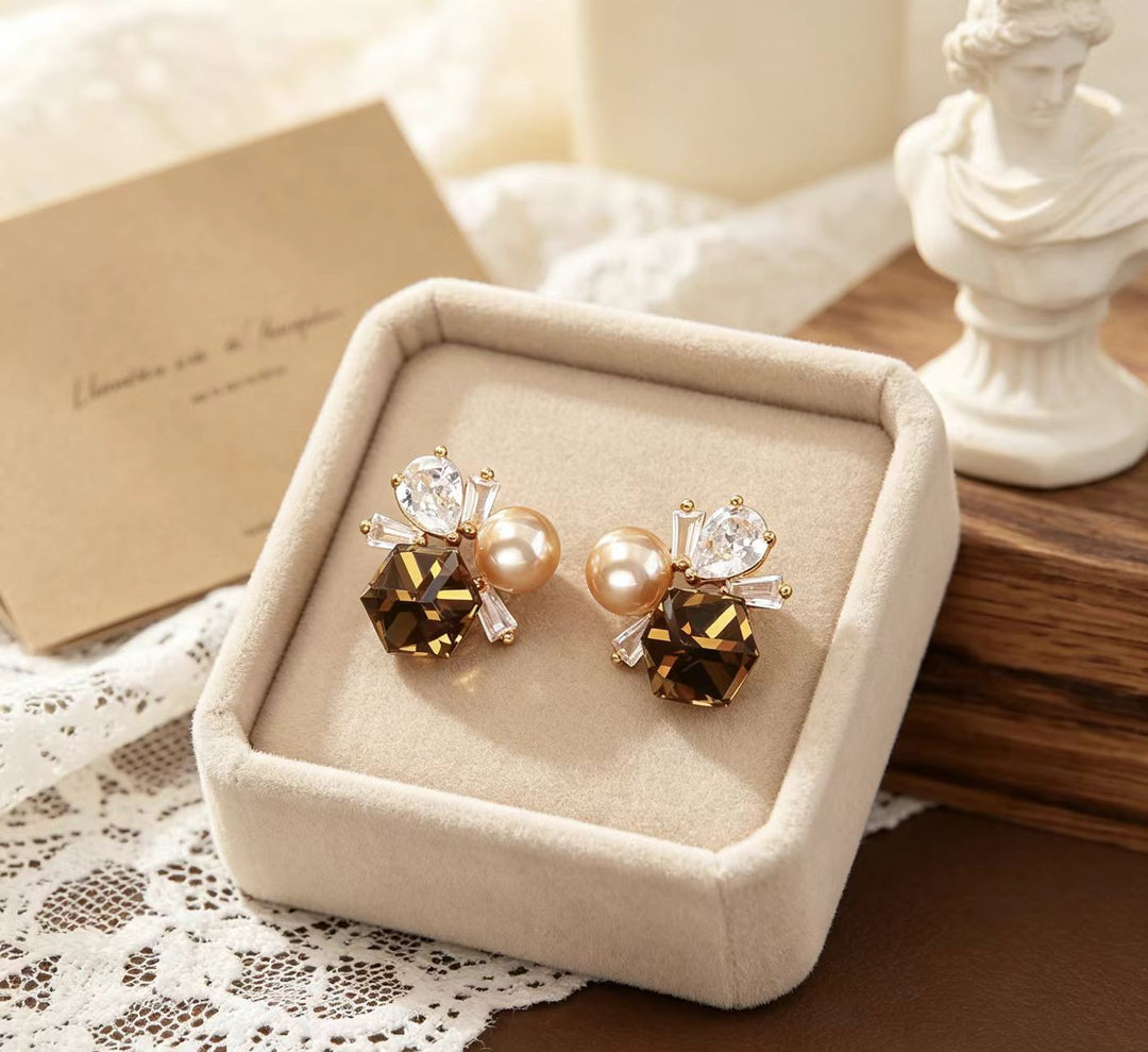 Vintage Caramel Gemstone Pearl Splicing Luxury Womens Stud Earrings