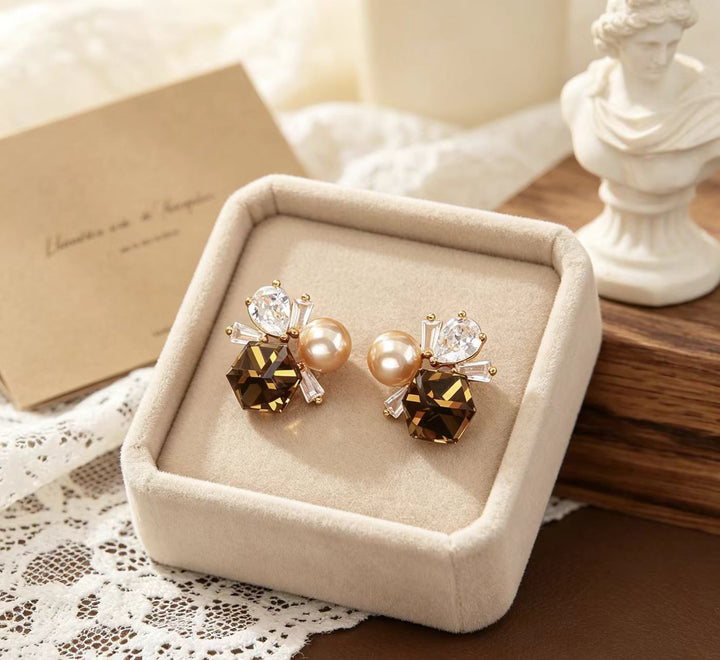 Vintage Caramel Gemstone Pearl Splicing Luxury Womens Stud Earrings