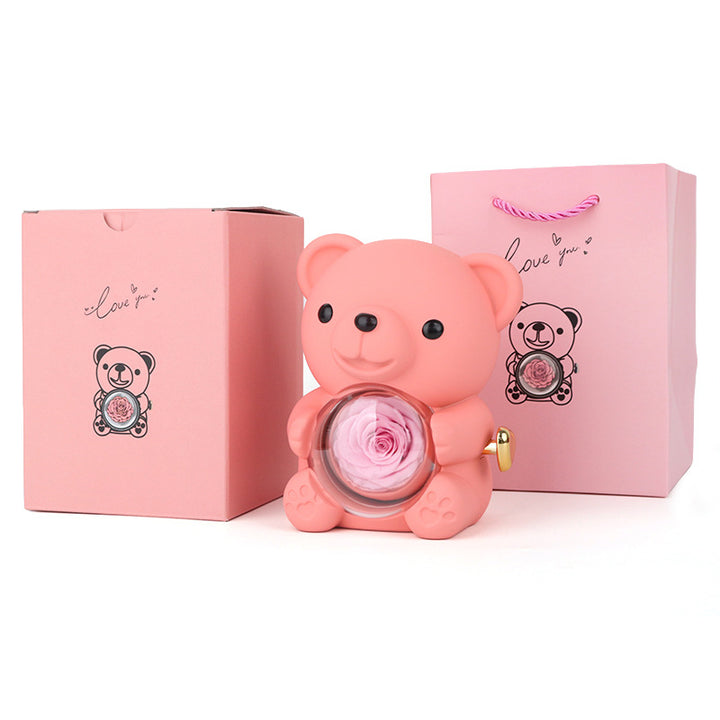 Preserved Rose Bear Jewelry Gift Box Rotatable Bear Storage Case With Matching Gift Bag Romantic Jewellery Present Box