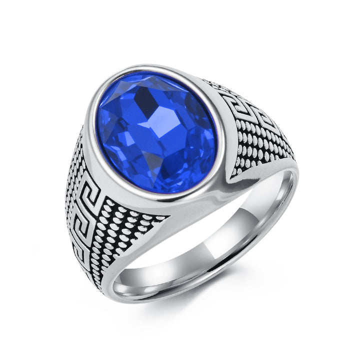 Men's Oval Signet Ring Greek Key Pattern Black Obsidian Blue Stone Titanium Steel Pinky Ring