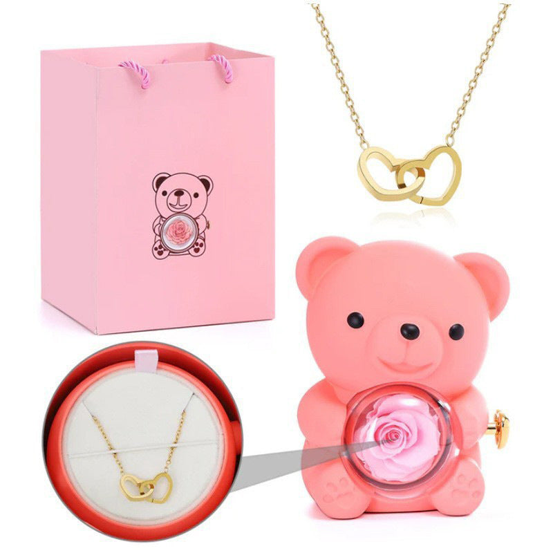 Preserved Rose Bear Jewelry Gift Box Rotatable Bear Storage Case With Matching Gift Bag Romantic Jewellery Present Box