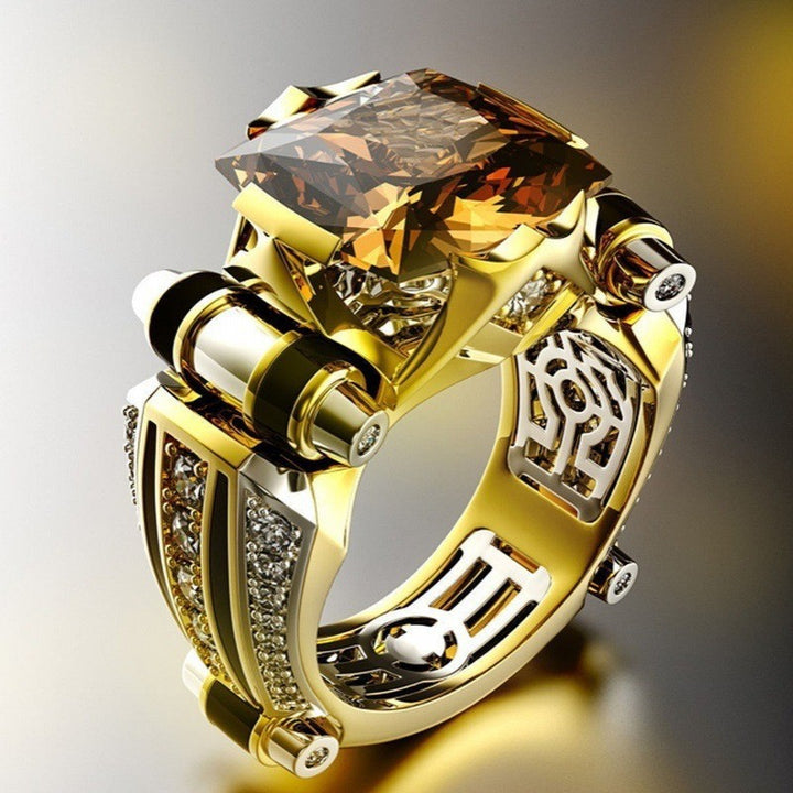 Luxury Heavy‑Set Square Main Stone Men Ring, Bold Statement Hollow‑Out Band