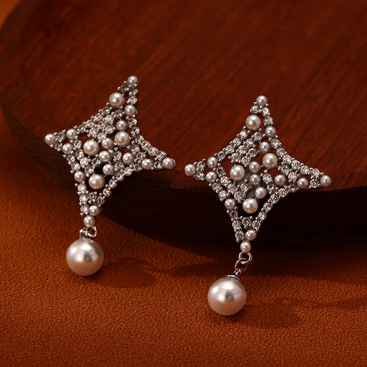 Star Pearl Drop Earrings Women Diamond Crystal Gold Silver Luxury Elegant Jewelry Gift