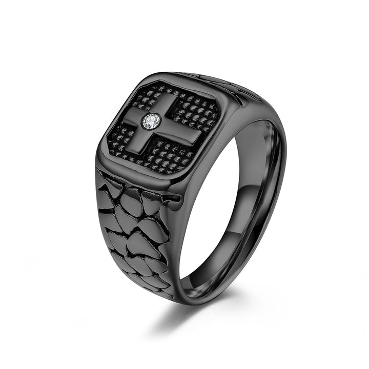 Men's Square Cross Pattern Ring Stone‑Textured Retro Wide Band Ring