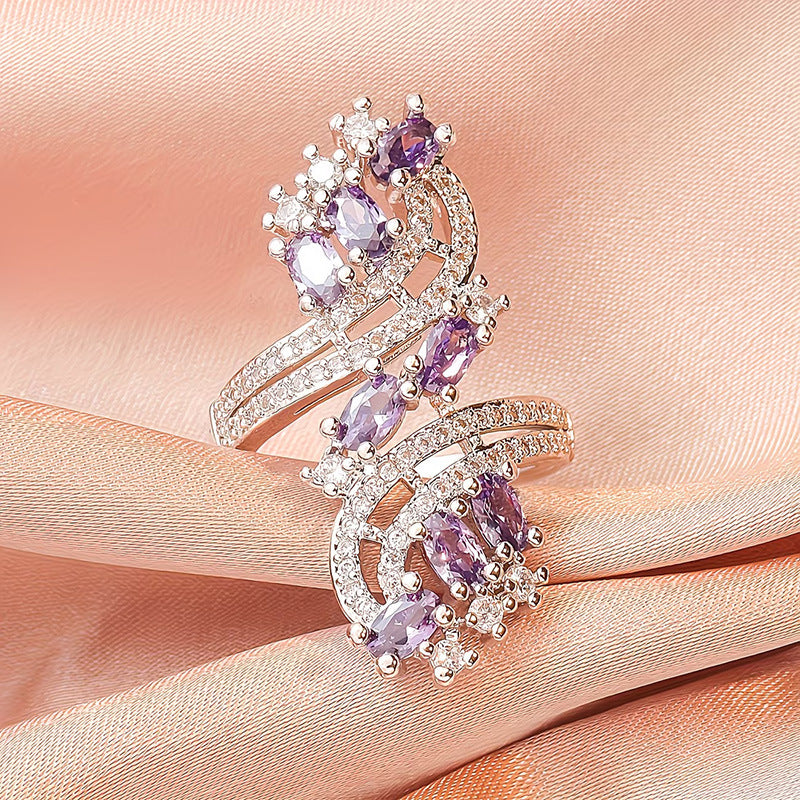 Multi Oval Diamond Bypass Ring Women Swirl Two Tone Cluster Statement Ring Pink Purple White Options