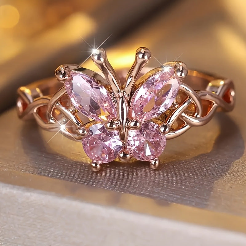 Pink & Purple Two‑Color Women’s Butterfly Ring Interwoven Knot‑Shank Delicate Ring