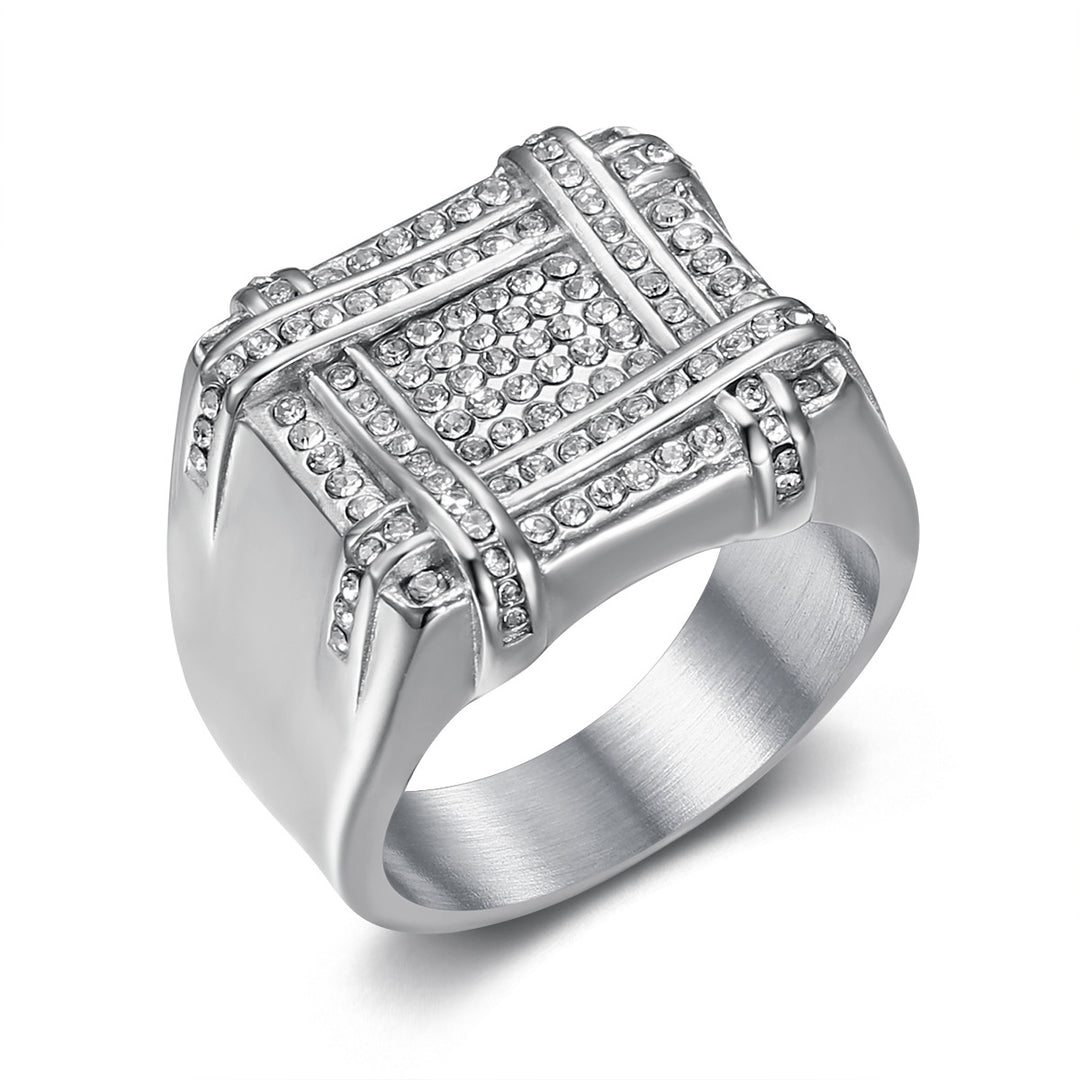 Men's Square Full‑Paved Wide Band Ring Retro Grid Heavy‑Weight Ring