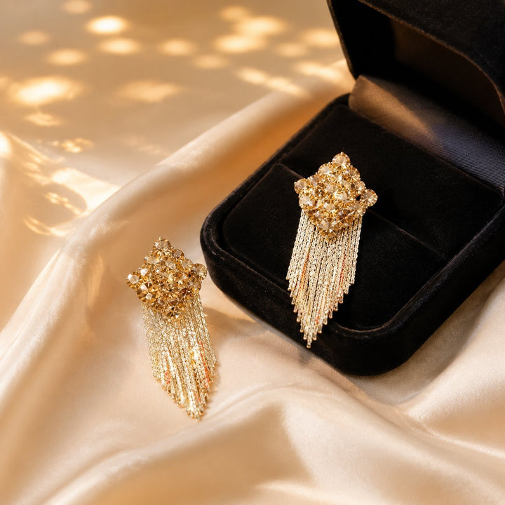 Champagne Diamond Cluster Long Tassel Dangle Earrings For Women