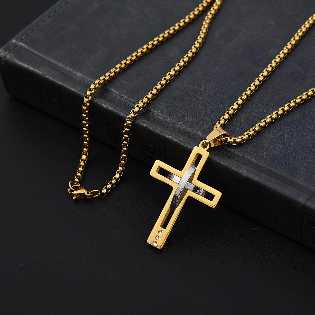 Cross Pendant Necklace Men Stainless Steel Black Silver Gold Box Chain Religious Jewelry Gift