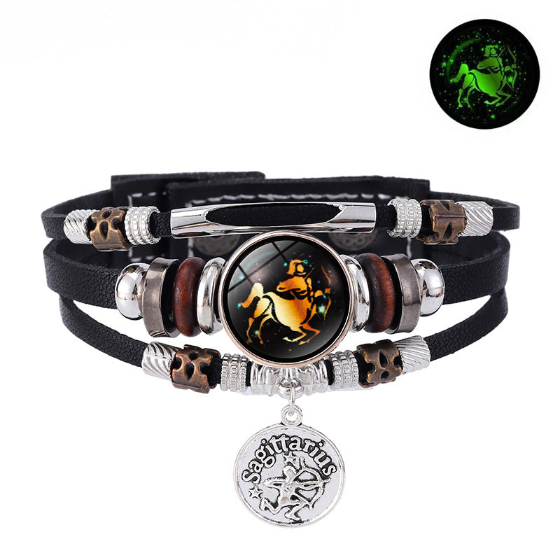 Zodiac Sign Leather Bracelet Men Women Glow in the Dark Multilayer Constellation Jewelry Gift