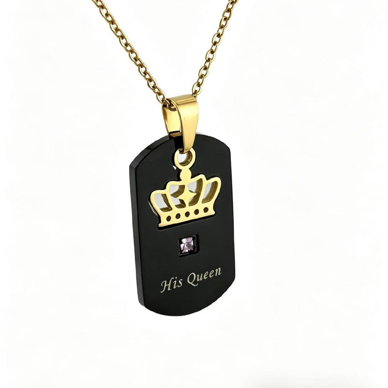 King Queen Crown Dog Tag Couple Necklaces Engraved Square‑Stone Pair Pendants