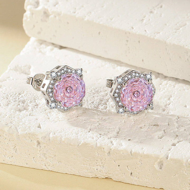 Millennium Rose Cut Diamond Stud Earrings Women Halo Hexagon Silver Sparkling Jewelry Gift
