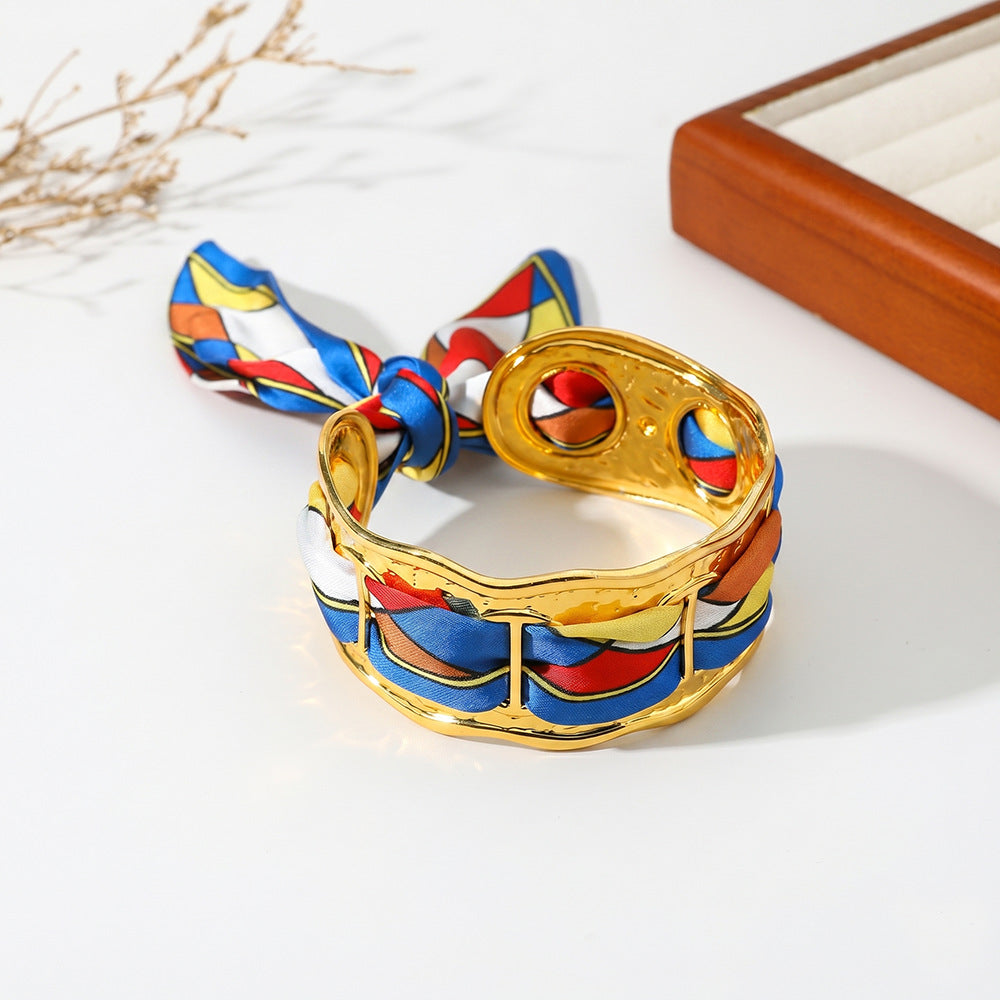 Wavy Open‑Cuff Bracelet Interchangeable Printed Silk Scarf Woven Women Wrist Ornament