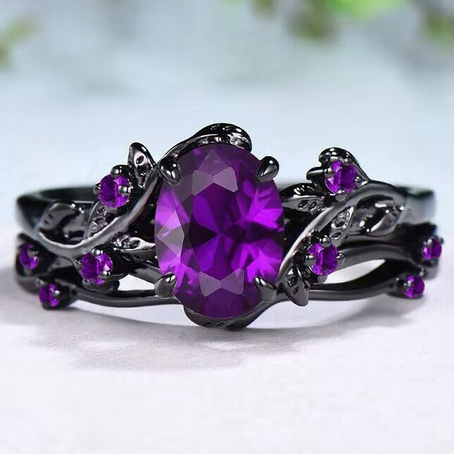 Dark‑Tone Vine‑Style Oval Gem Ring, Hollow Twisted‑Branch Band