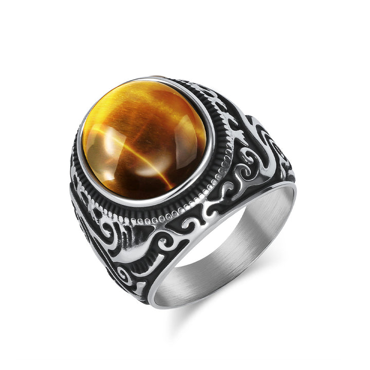 Vintage Carved Tiger‑Eye Titanium Steel Men’s Ring Two‑Tone Wide‑Band Signet Ring