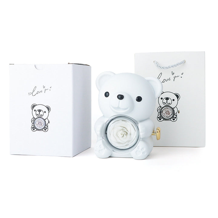 Preserved Rose Bear Jewelry Gift Box Rotatable Bear Storage Case With Matching Gift Bag Romantic Jewellery Present Box