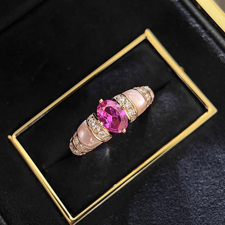 Oval Pink Purple Diamond Ring Women Rose Gold Enamel Floral Luxury Jewelry Gift