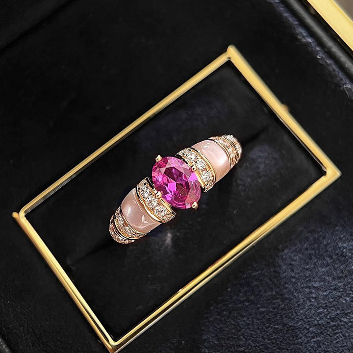 Oval Pink Purple Diamond Ring Women Rose Gold Enamel Floral Luxury Jewelry Gift