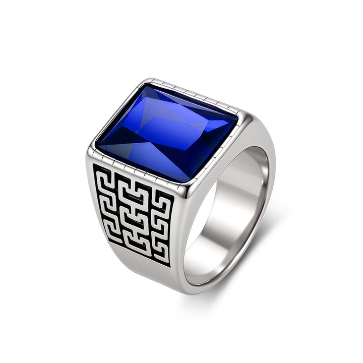 Vintage Geometric Pattern Square Gemstone Men Wide Band Ring