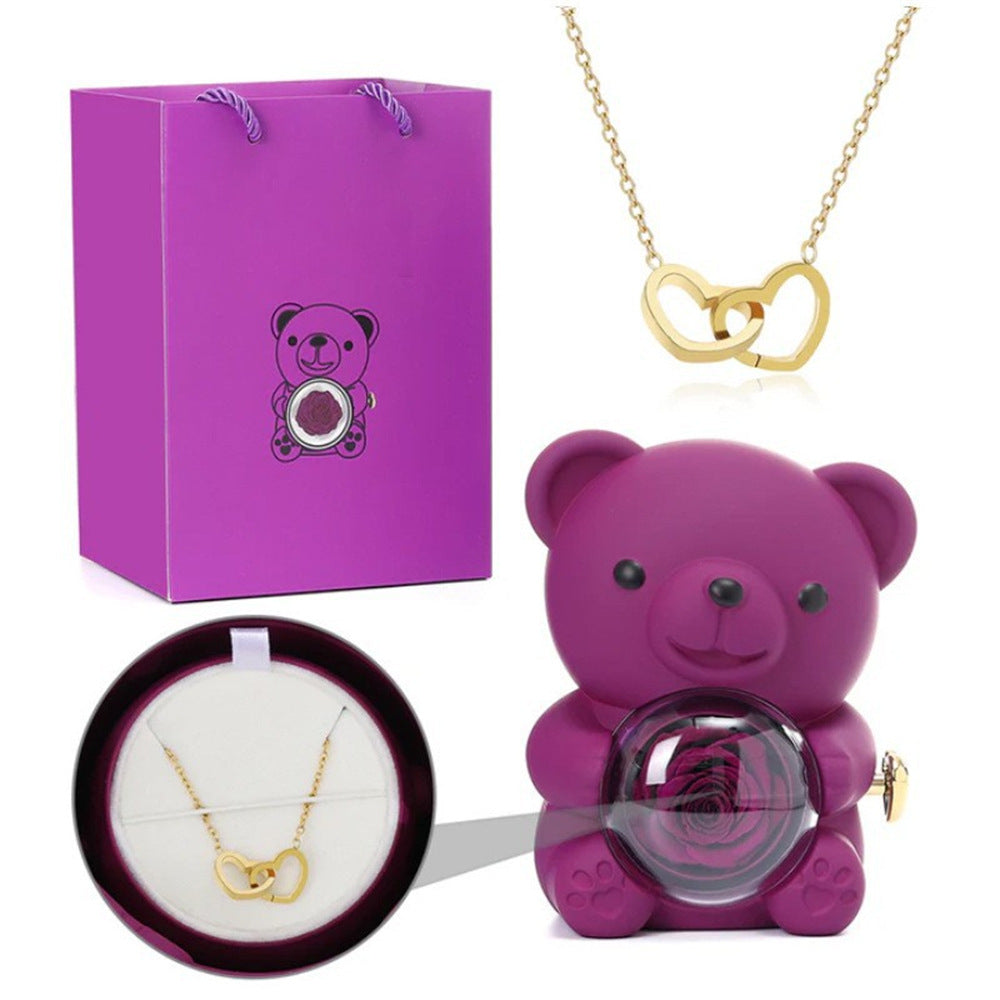 Preserved Rose Bear Jewelry Gift Box Rotatable Bear Storage Case With Matching Gift Bag Romantic Jewellery Present Box