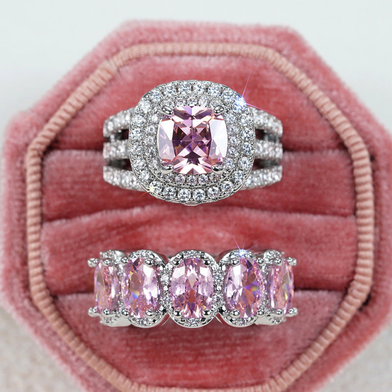Two Piece Stackable Colored Gemstone Ring Set Luxury Elegant Women Diamond Ring