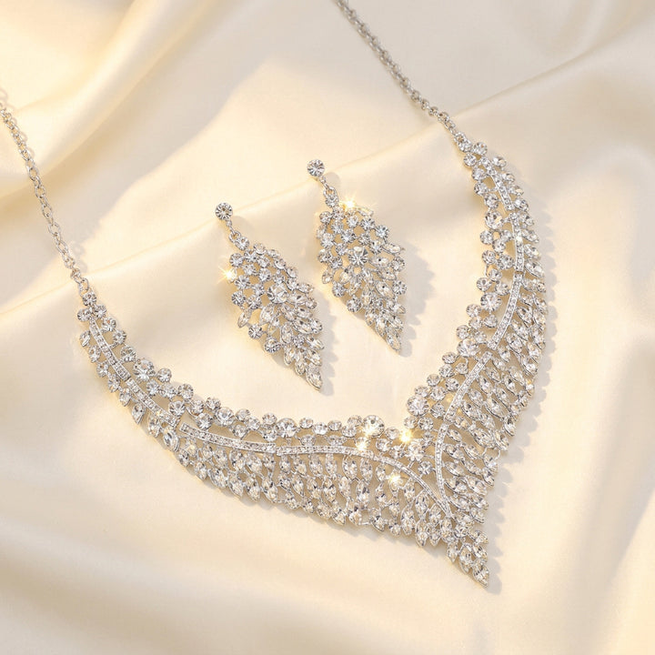 Leaf V Shape Diamond Necklace and Earrings Set Women Statement Wedding Bridal Jewelry Set