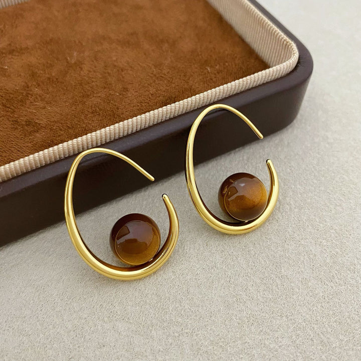 Tiger Eye Bead Drop Earrings Women Teardrop Wire Gold Minimalist Dangle Jewelry Gift