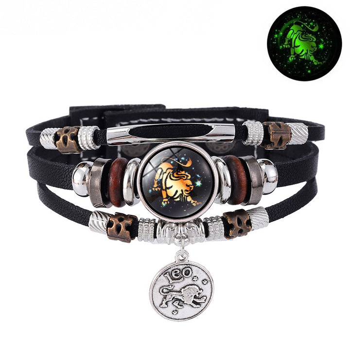 Zodiac Sign Leather Bracelet Men Women Glow in the Dark Multilayer Constellation Jewelry Gift