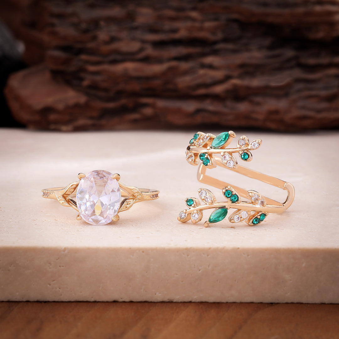 Forest Style Branch Oval Diamond Ring Set Vintage Luxury Two Piece Womens Stackable Rings