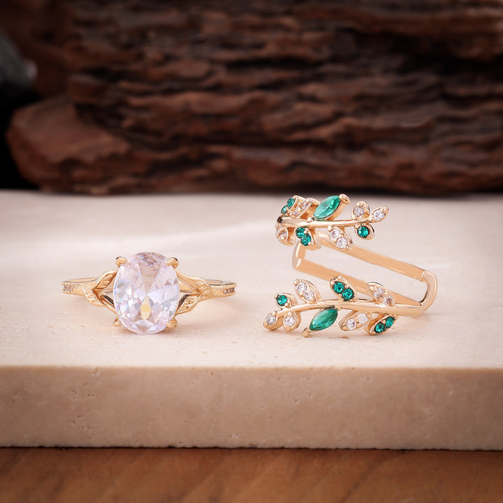 Forest Style Branch Oval Diamond Ring Set Vintage Luxury Two Piece Womens Stackable Rings
