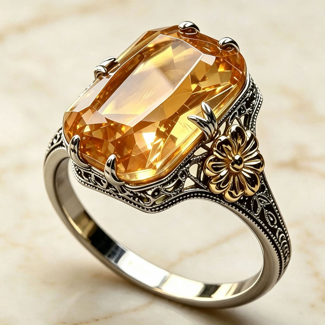 Vintage Emerald Cut Gemstone Flower Ring Women Art Deco Filigree Two Tone Statement Ring
