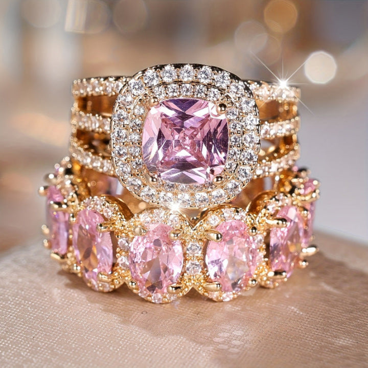 Two Piece Stackable Colored Gemstone Ring Set Luxury Elegant Women Diamond Ring