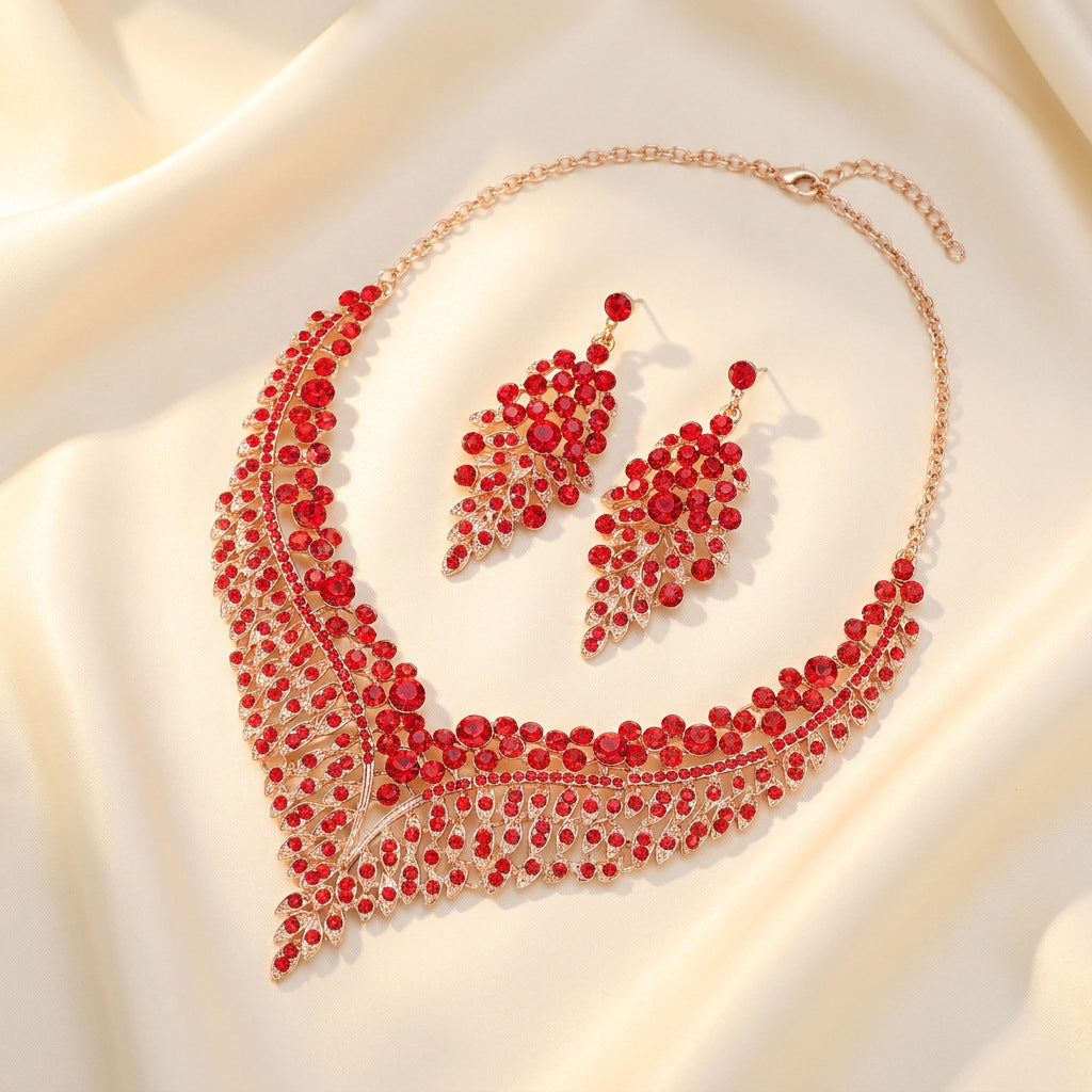 Leaf V Shape Diamond Necklace and Earrings Set Women Statement Wedding Bridal Jewelry Set